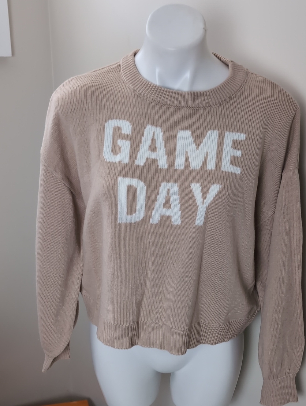 GAME DAY Taupe Beige Tan Crewneck Sweater with White GAME DAY Medium Miami